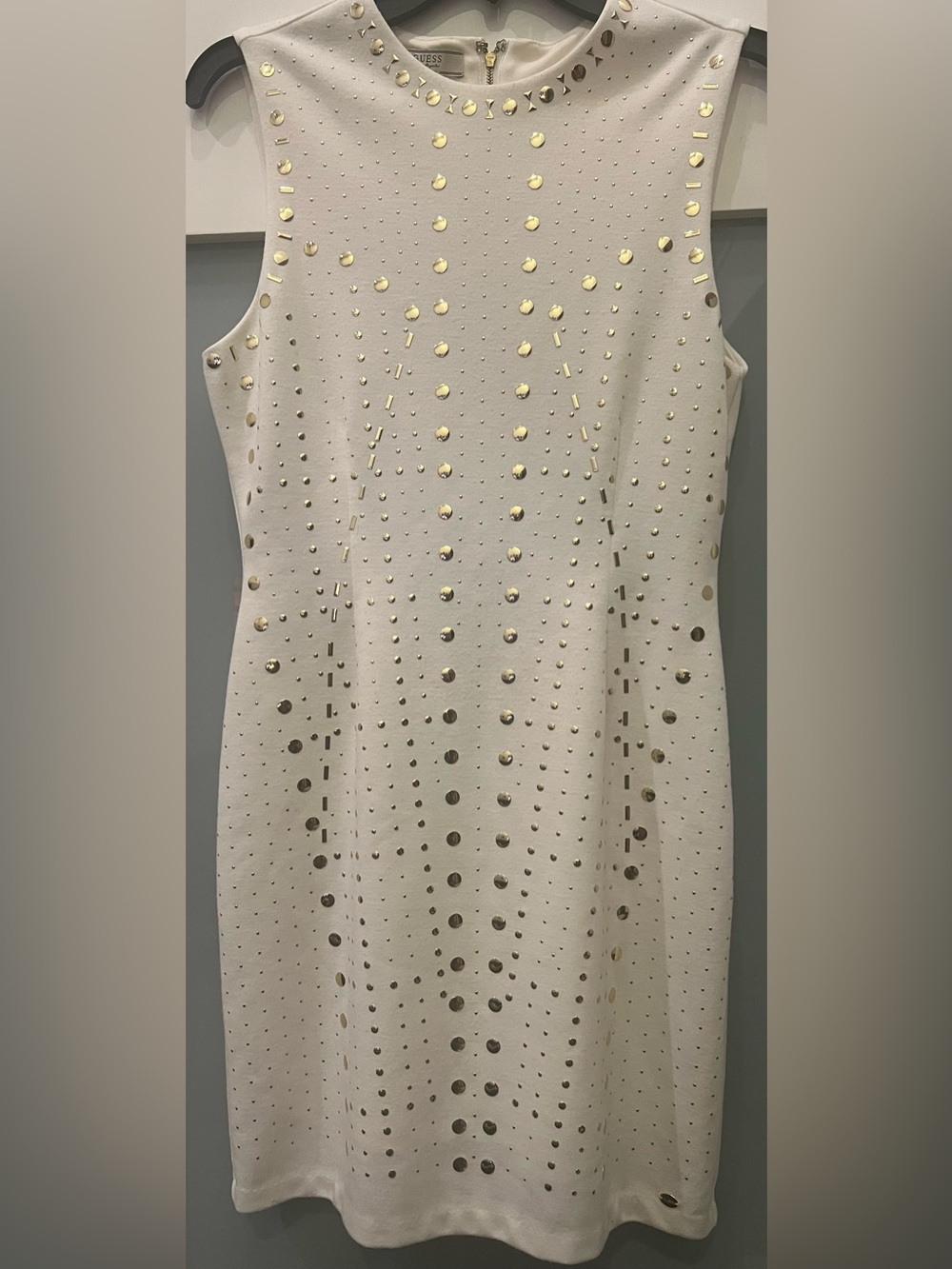 GUESS Women's Cream Gold Studded Sleeveless Shift Dress Size M